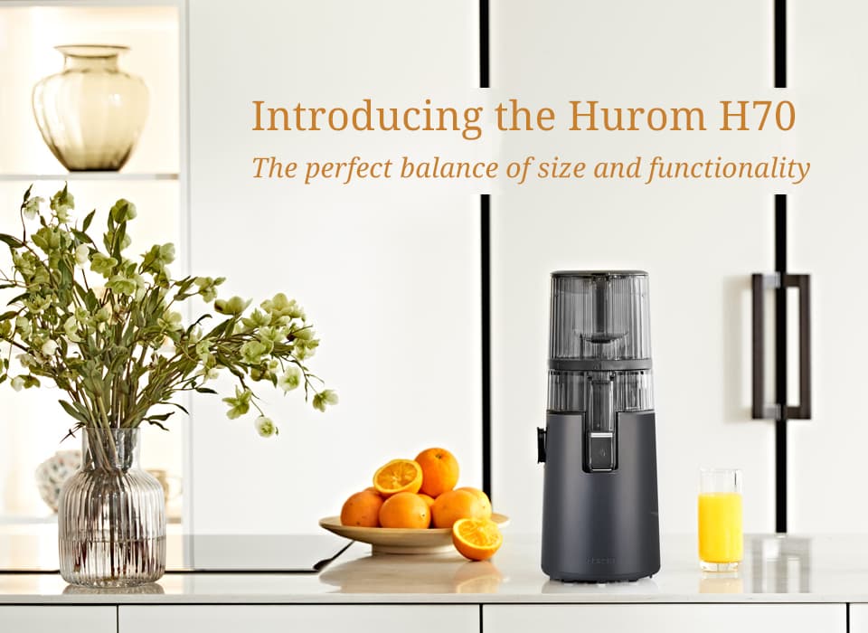 An image showing the H70 Cold Press Juicer with the caption "The perfect balance of size and functionality"