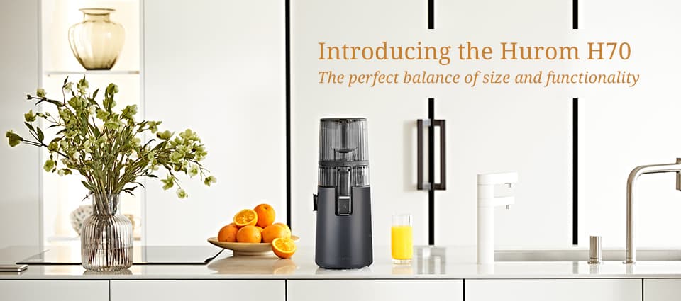 An image showing the H70 Cold Press Juicer with the caption "The perfect balance of size and functionality"