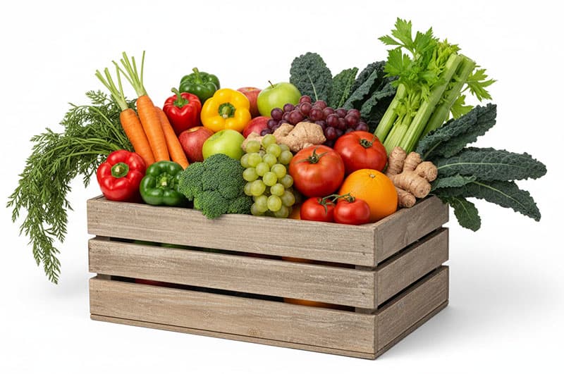 A crate filled with fresh fruits and vegetables