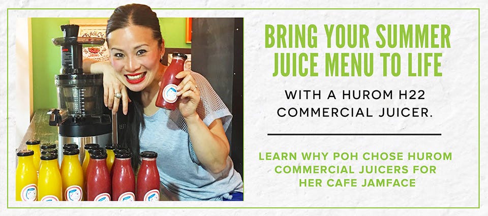 An image showing Poh with her H22 Commercial Cold Press Juicer and the caption "Learn why Poh chose Hurom commercial juicers for her cafe Jamface"
